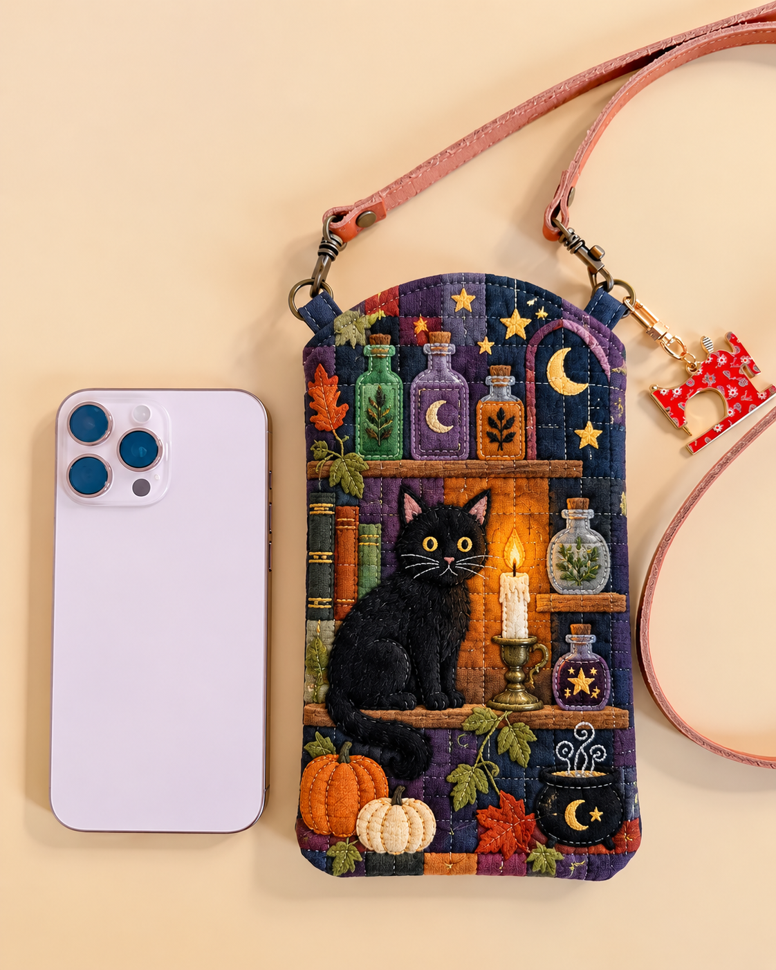 Slim Quilted Phone Crossbody Bag – Black Cat in the Witch's Library