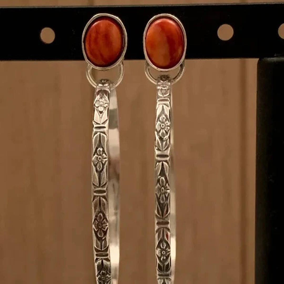 Boho Hoop Earrings with Stone and Engraving