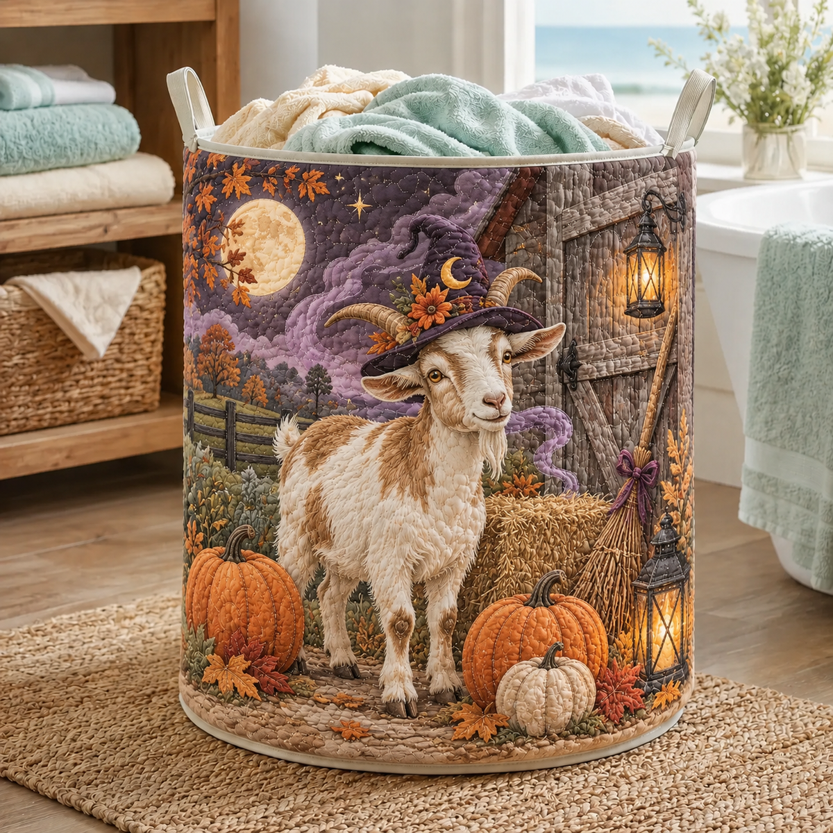 Quilted Laundry Basket – Witch Goat in the Pumpkin Patch