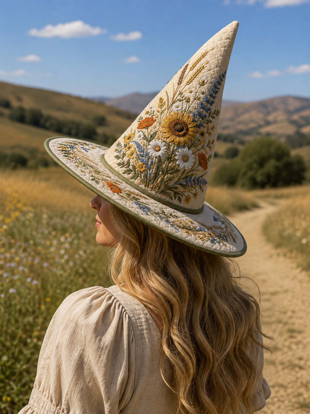 Handmade Quilted Witch Hat β Embroidered Wildflowers and Sunflowers