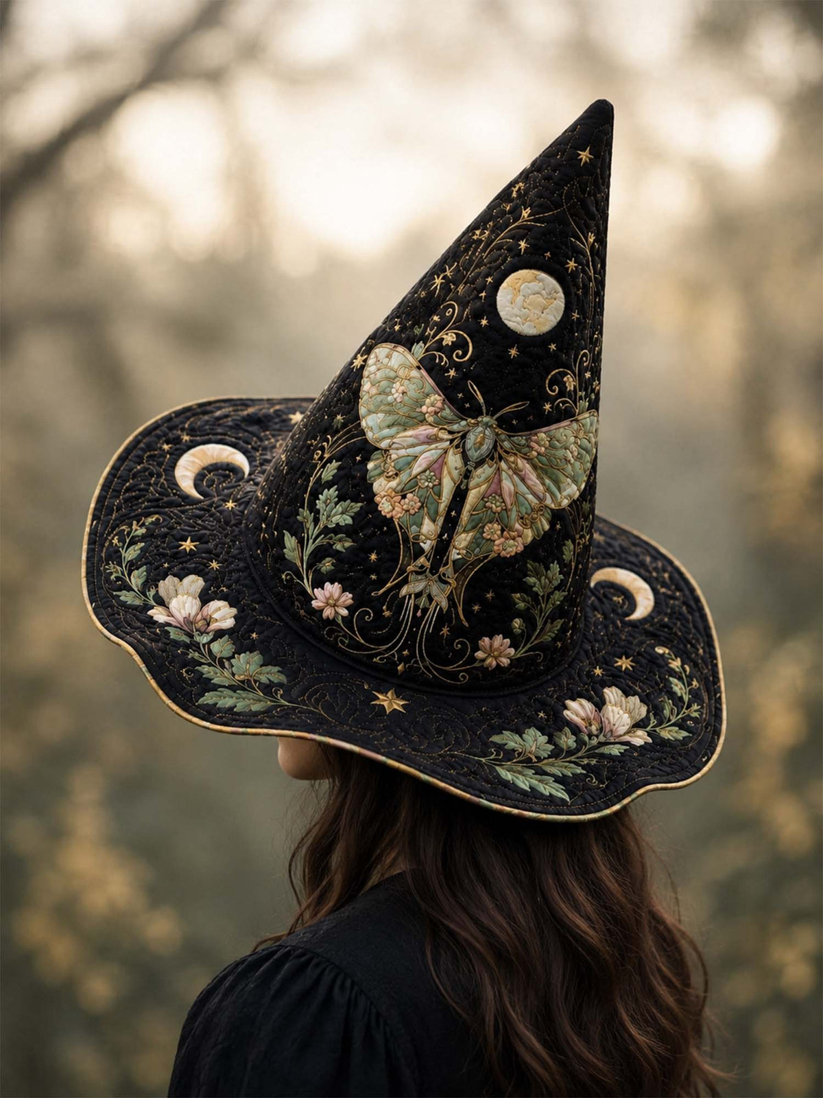 Handmade Quilted Witch Hat β Moth Fairy in Victorian Style