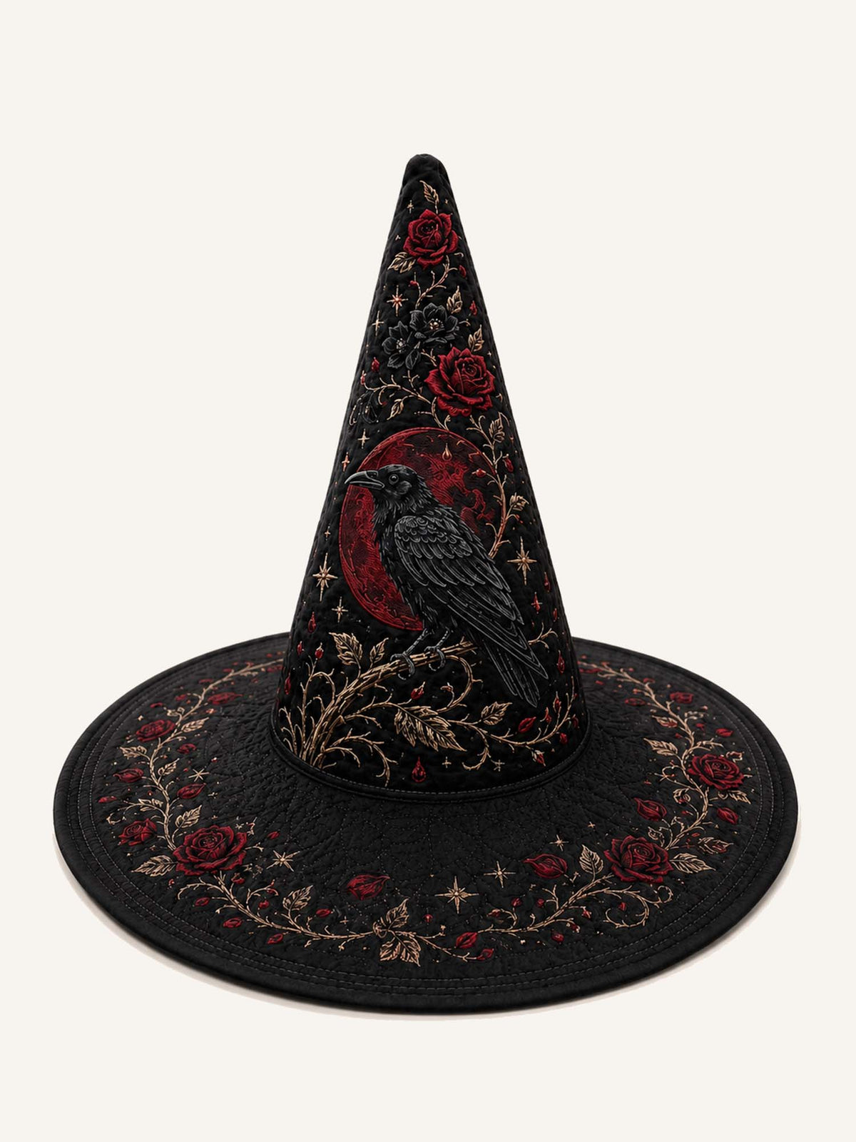 Handmade Quilted Witch Hat β Black Roses and Raven in Victorian Style
