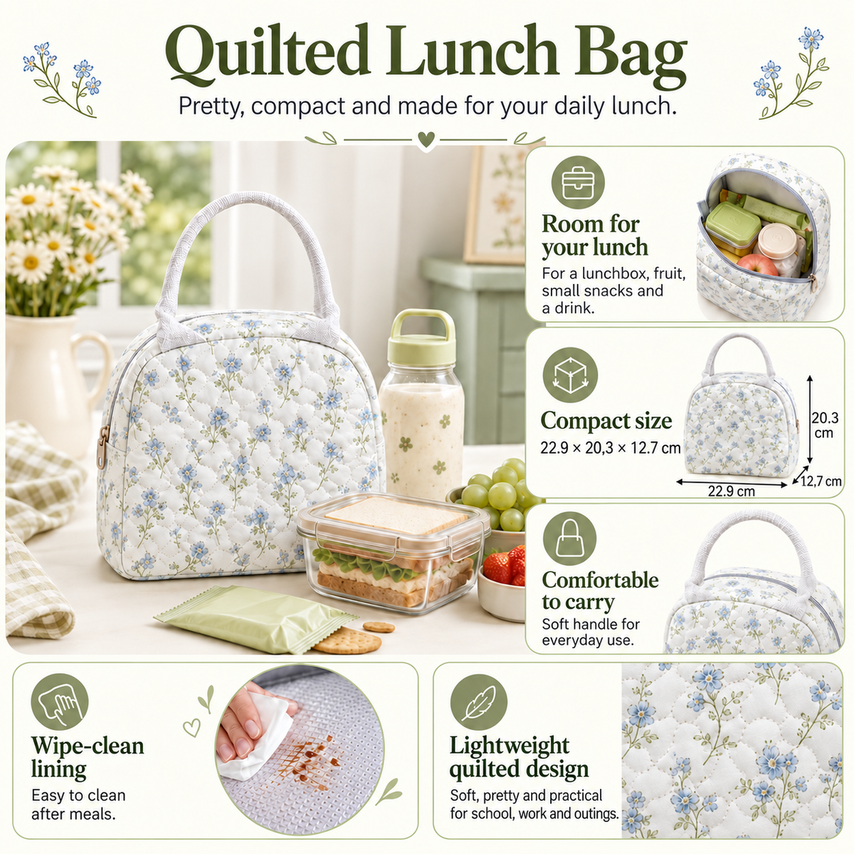 Quilted Lunch Bag – Sugar Skull with Flowers