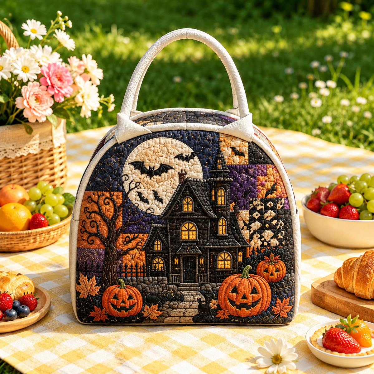Quilted Lunch Bag – Haunted House and Full Moon