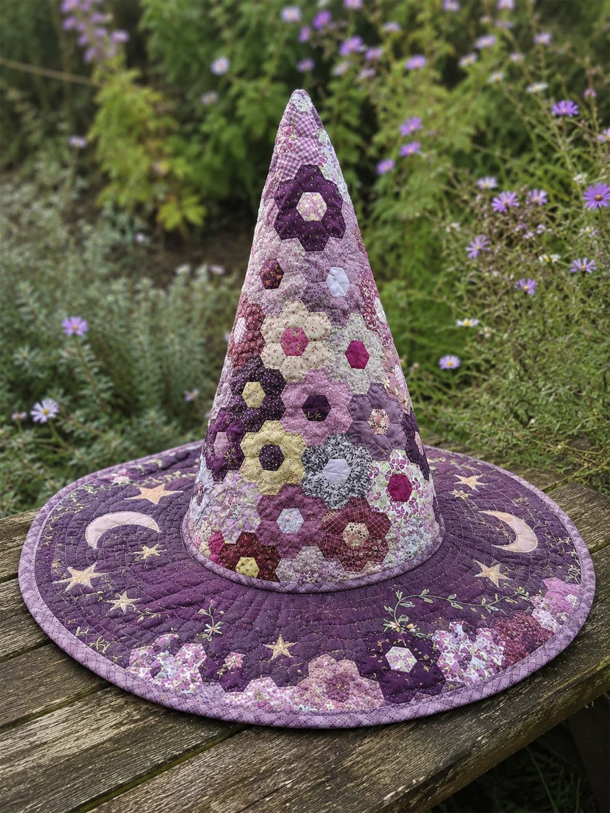 Handmade Quilted Witch Hat β Hexagon Patchwork with Star Motifs