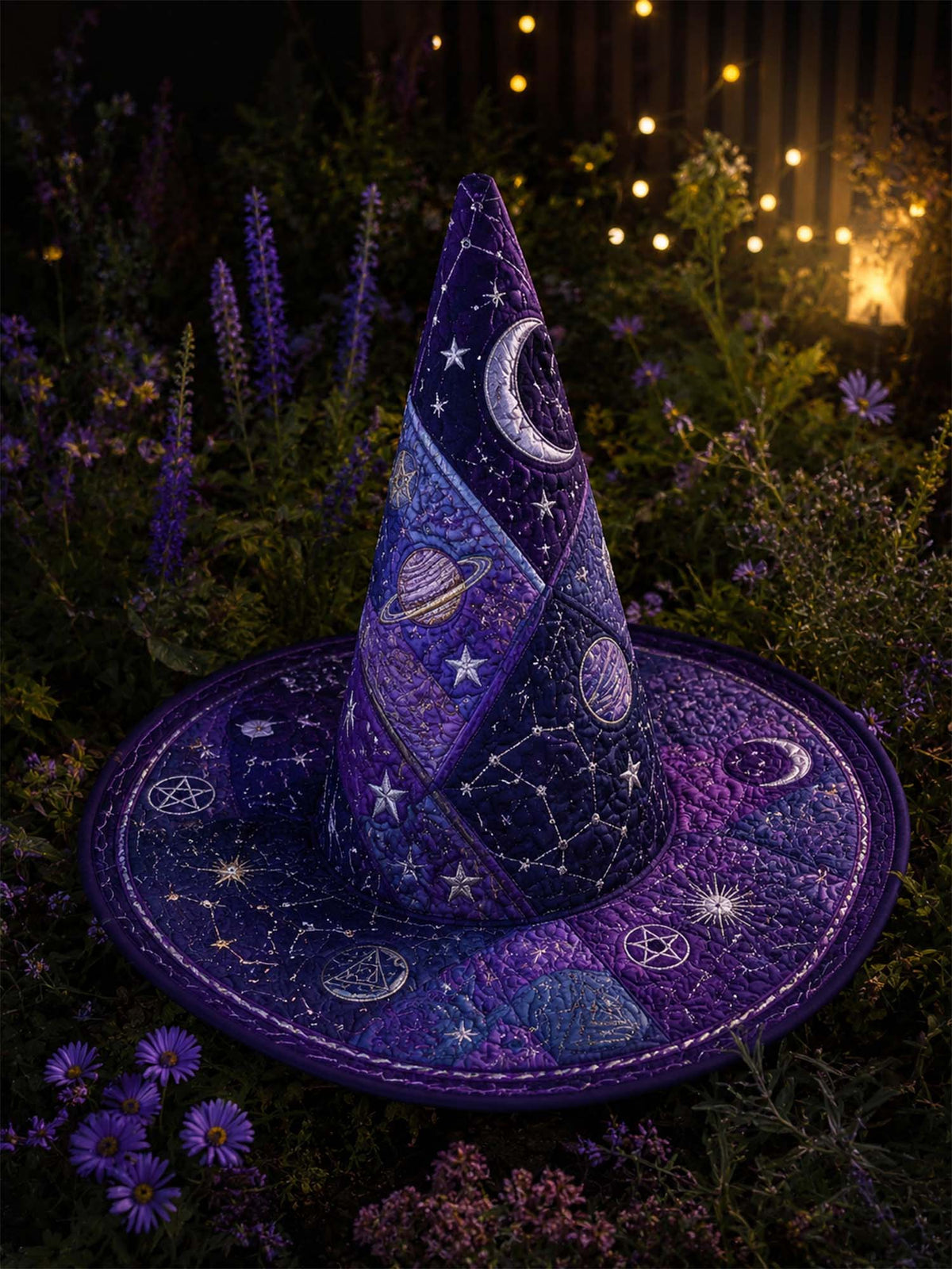 Handmade Quilted Witch Hat β Dark Academia and Cosmic Motifs
