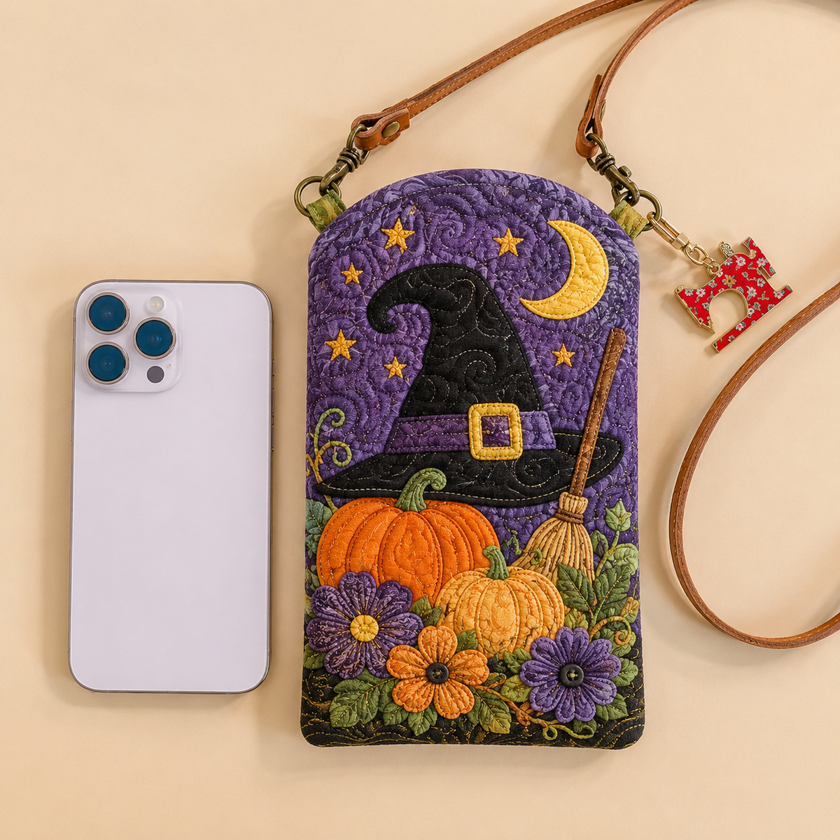Slim Quilted Phone Crossbody Bag – Witch Hat in the Pumpkin Garden