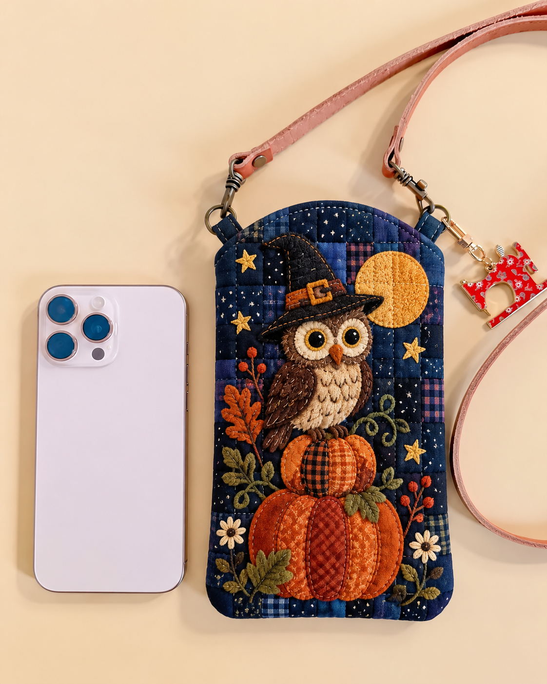 Slim Quilted Phone Crossbody Bag – Owl and Pumpkins in the Moonlight