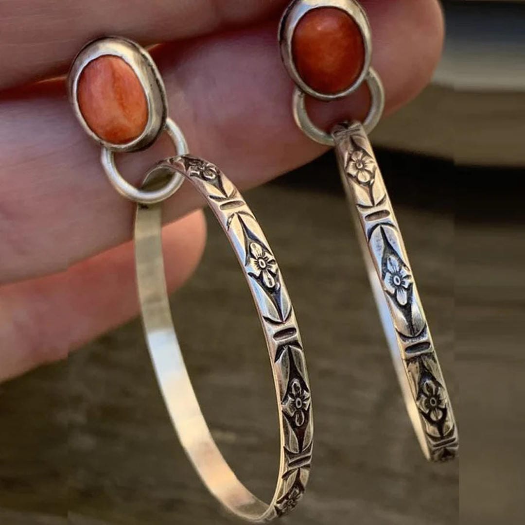 Boho Hoop Earrings with Stone and Engraving
