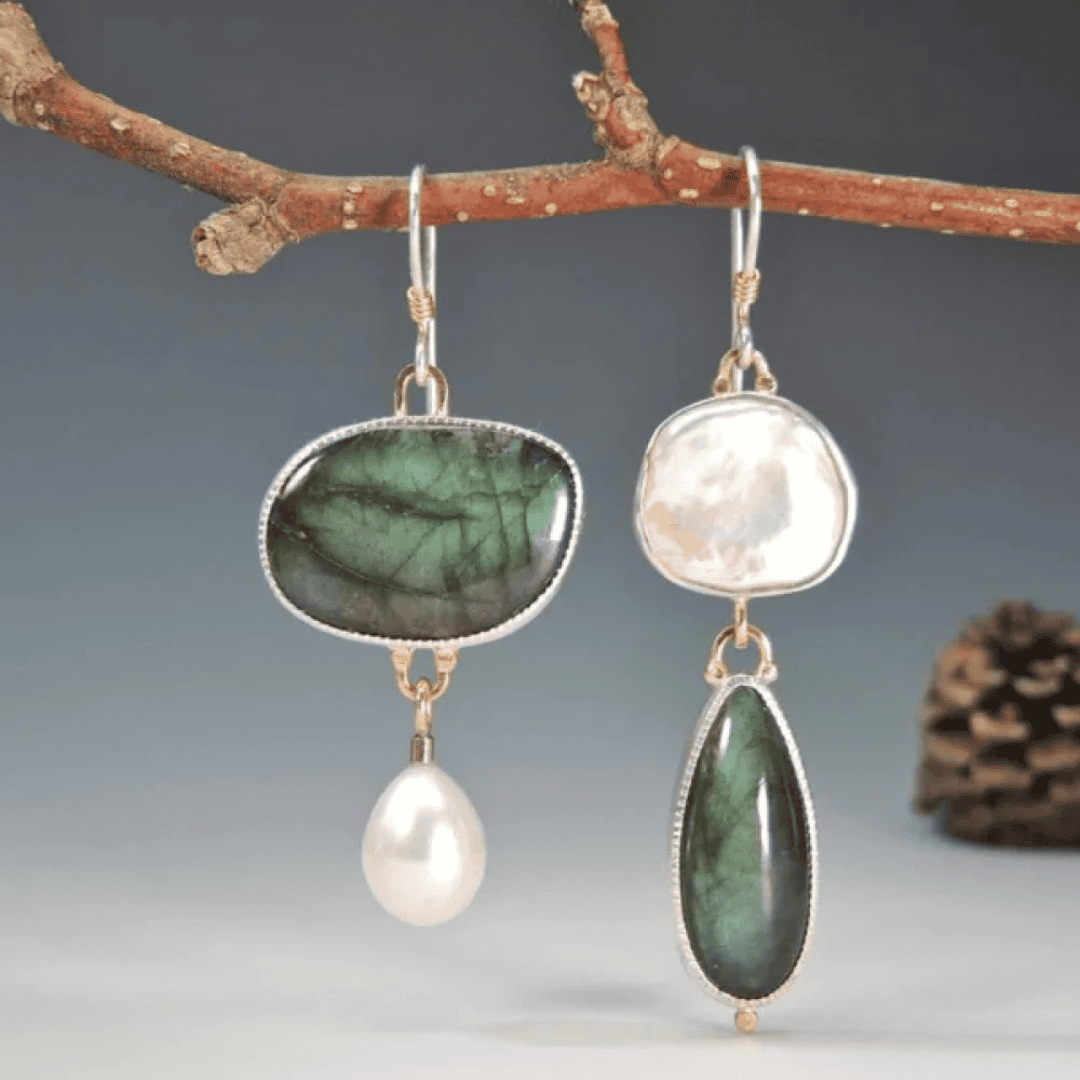 Asymmetric Earrings with Green Stone and Pearl