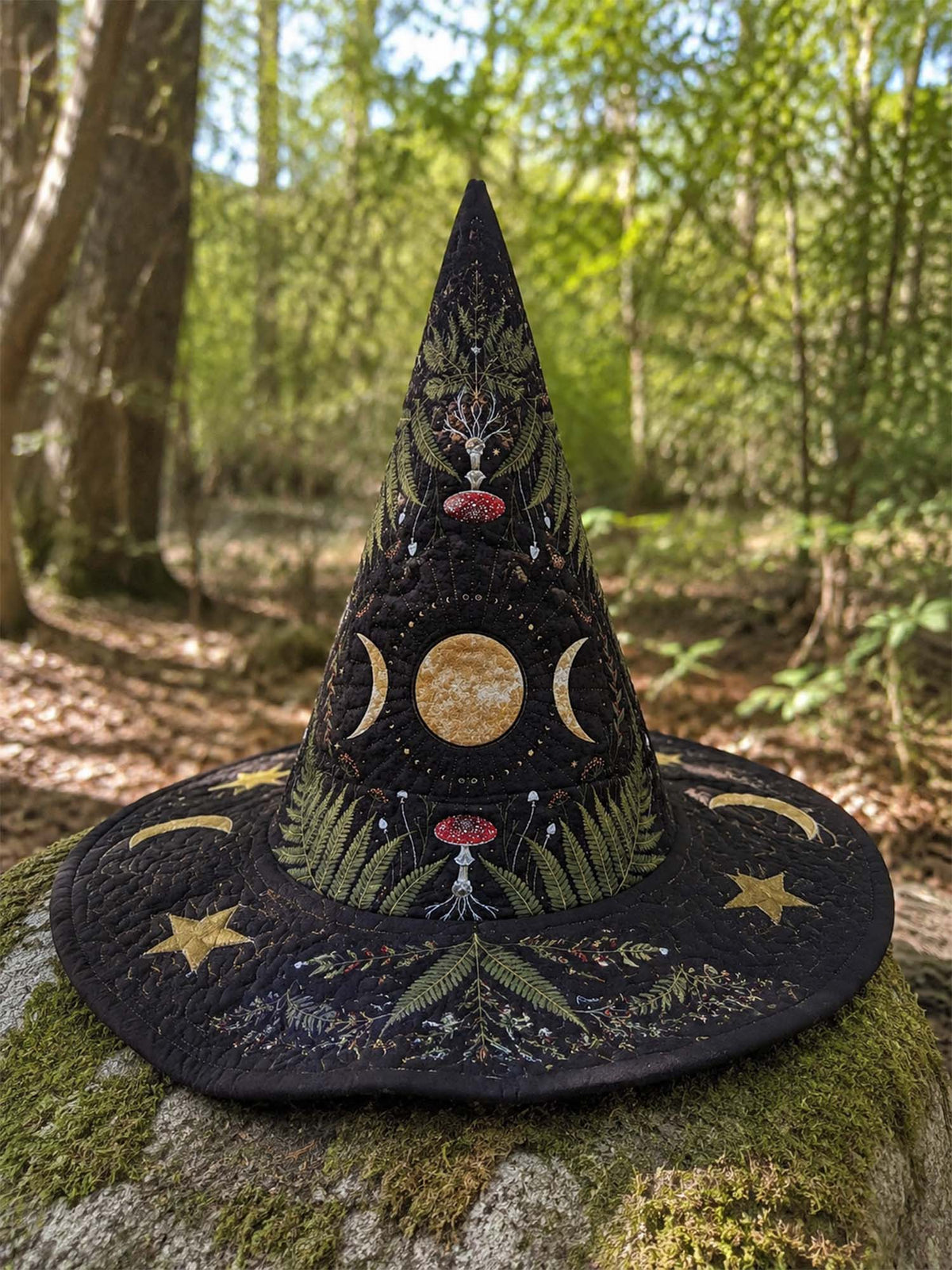Handmade Quilted Witch Hat β Mushrooms in the Dark Enchanted Forest