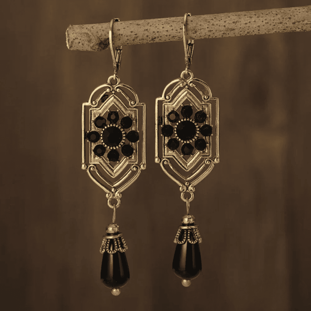 Art Deco Earrings with Black Drop