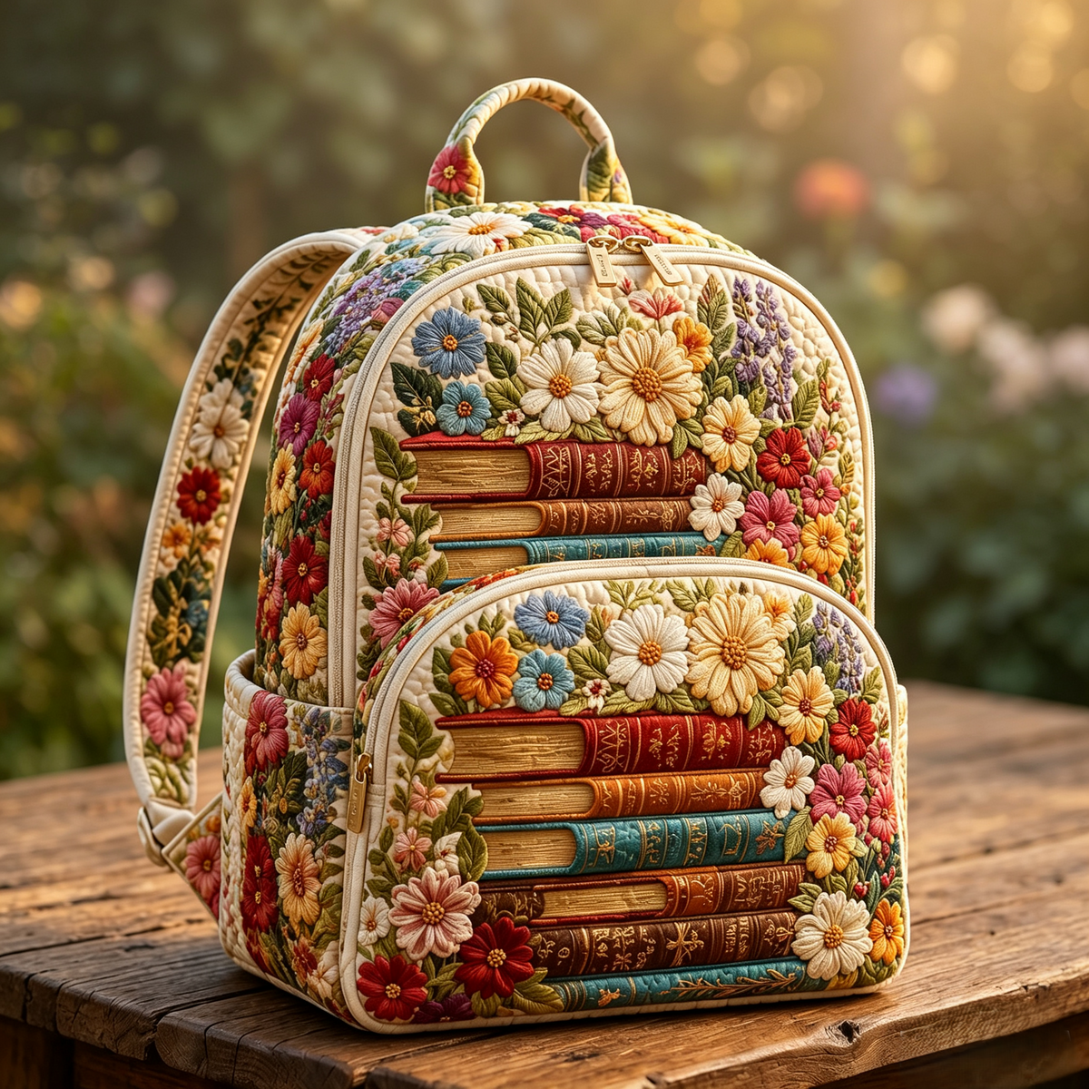 Quilted Backpack – Books and Flowers