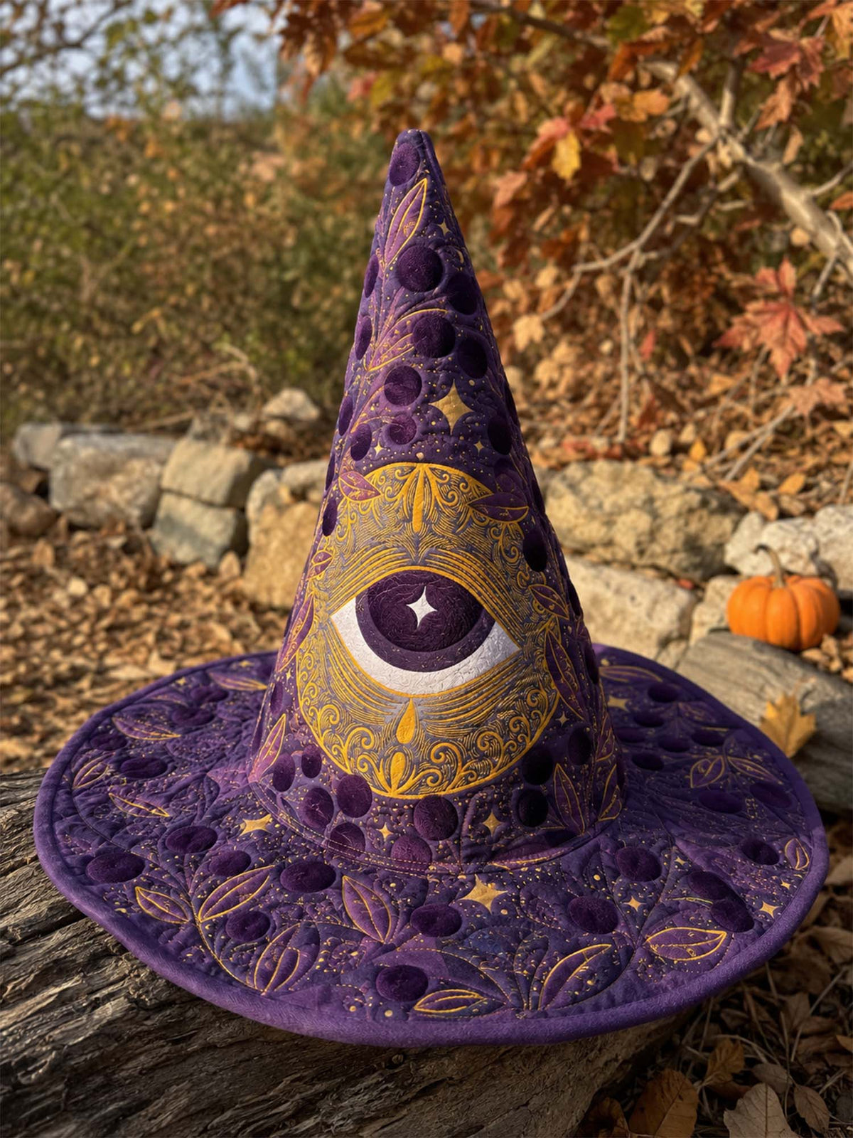 Handmade Quilted Witch Hat β Mystical Moon Eye Under the Stars