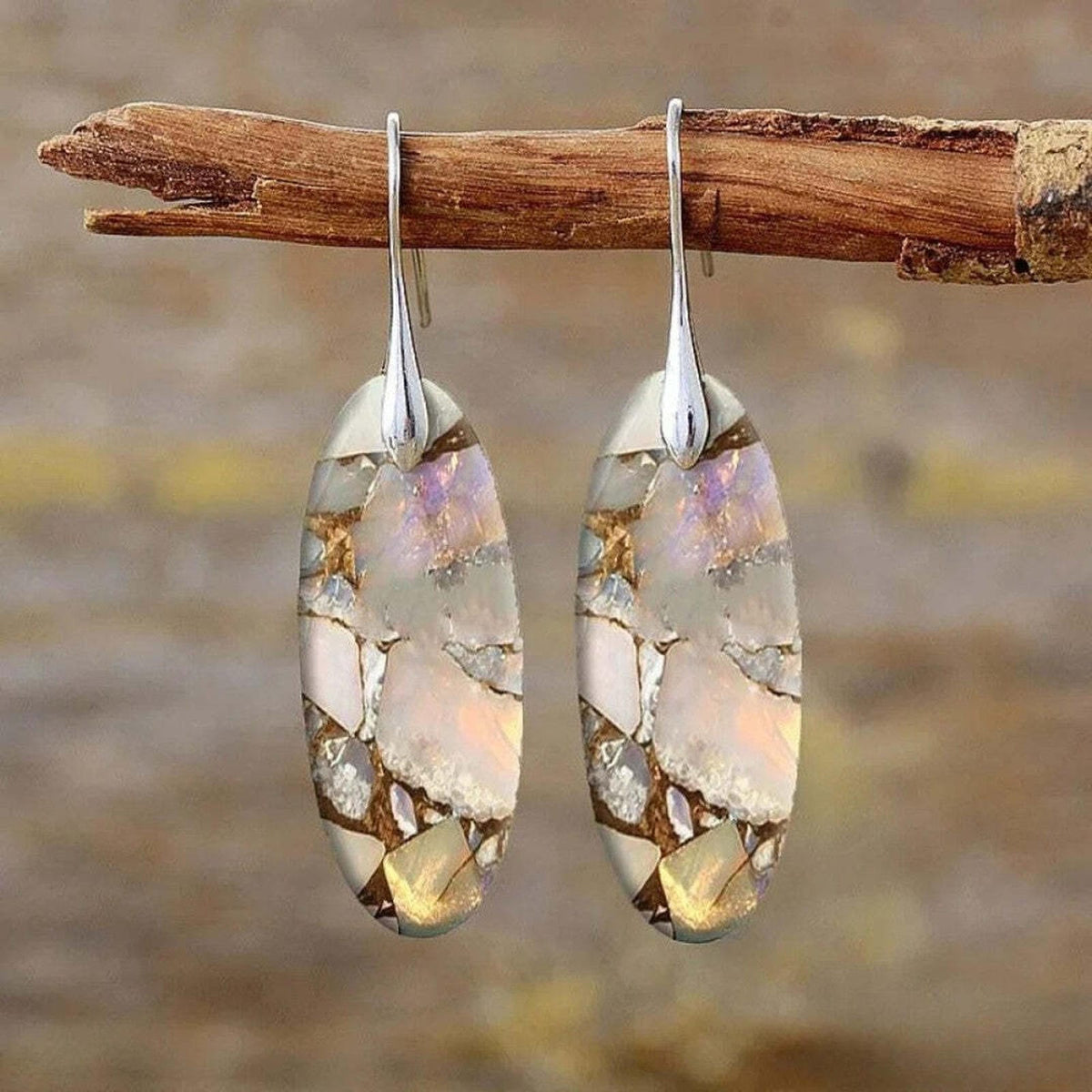 Oval Drop Earrings with Mosaic Stone