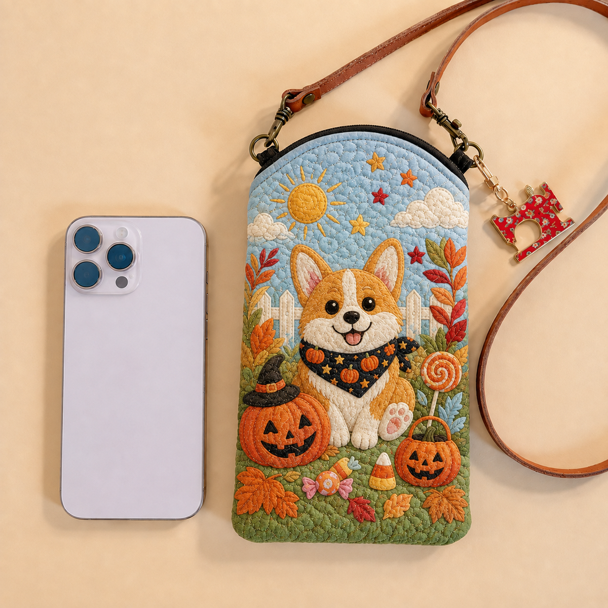 Slim Quilted Phone Crossbody Bag – Halloween Corgi Among Sweets