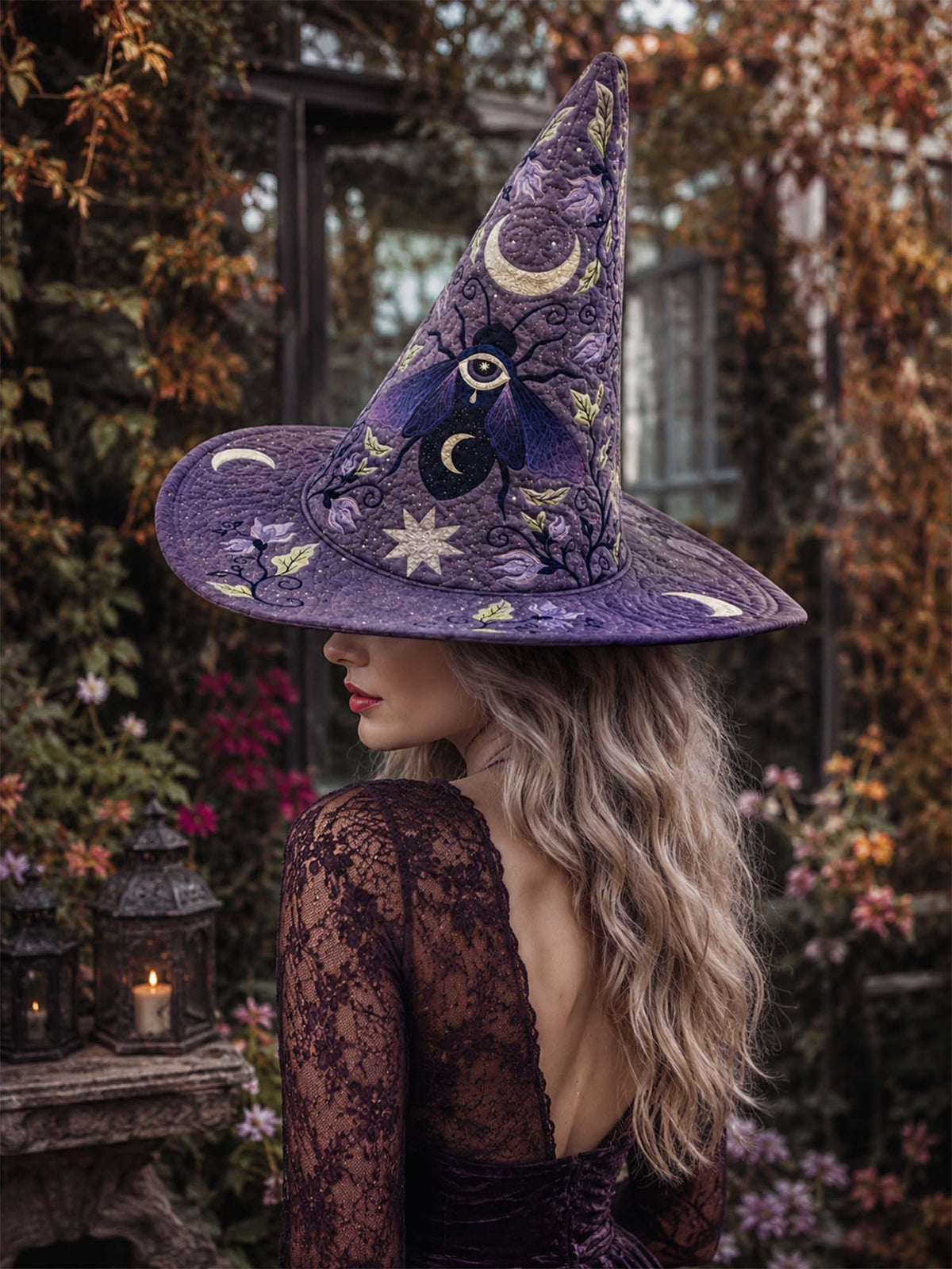 Handmade Quilted Witch Hat β Mystical Purple Moon and Stars