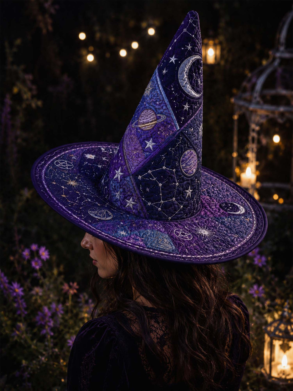Handmade Quilted Witch Hat β Dark Academia and Cosmic Motifs