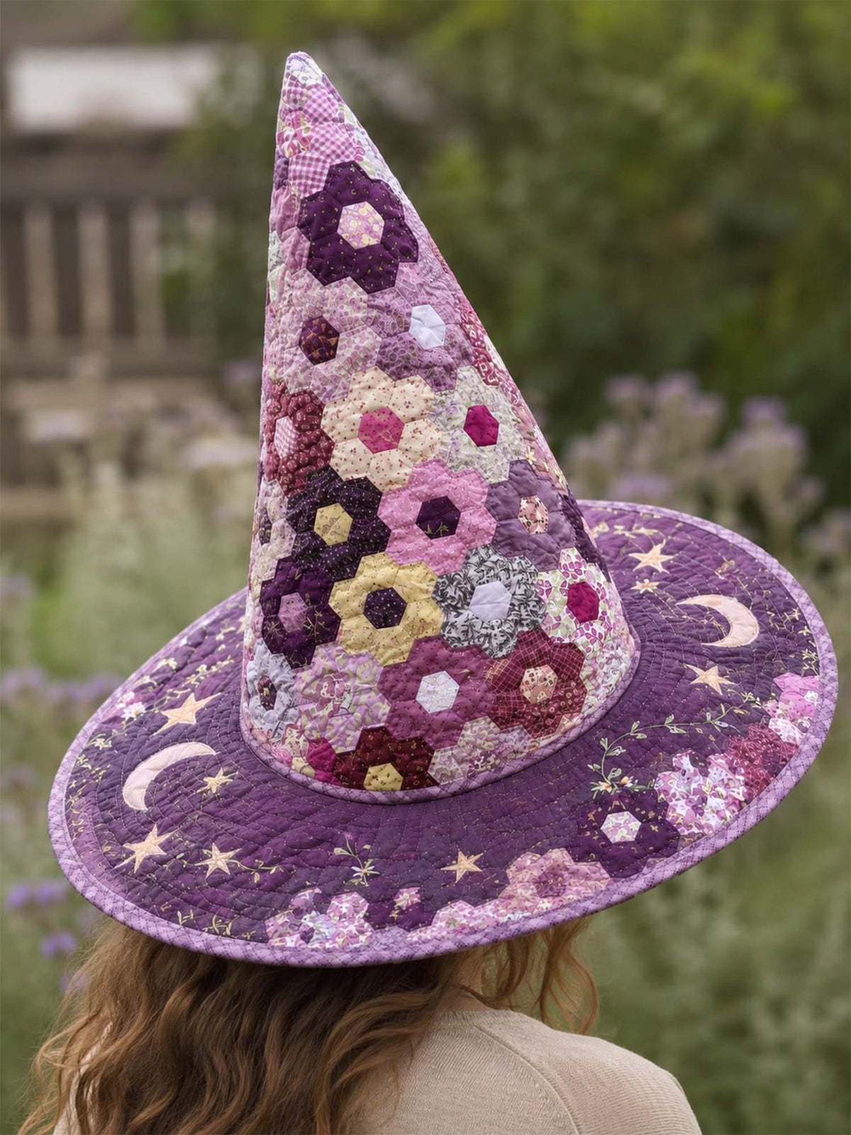 Handmade Quilted Witch Hat β Hexagon Patchwork with Star Motifs