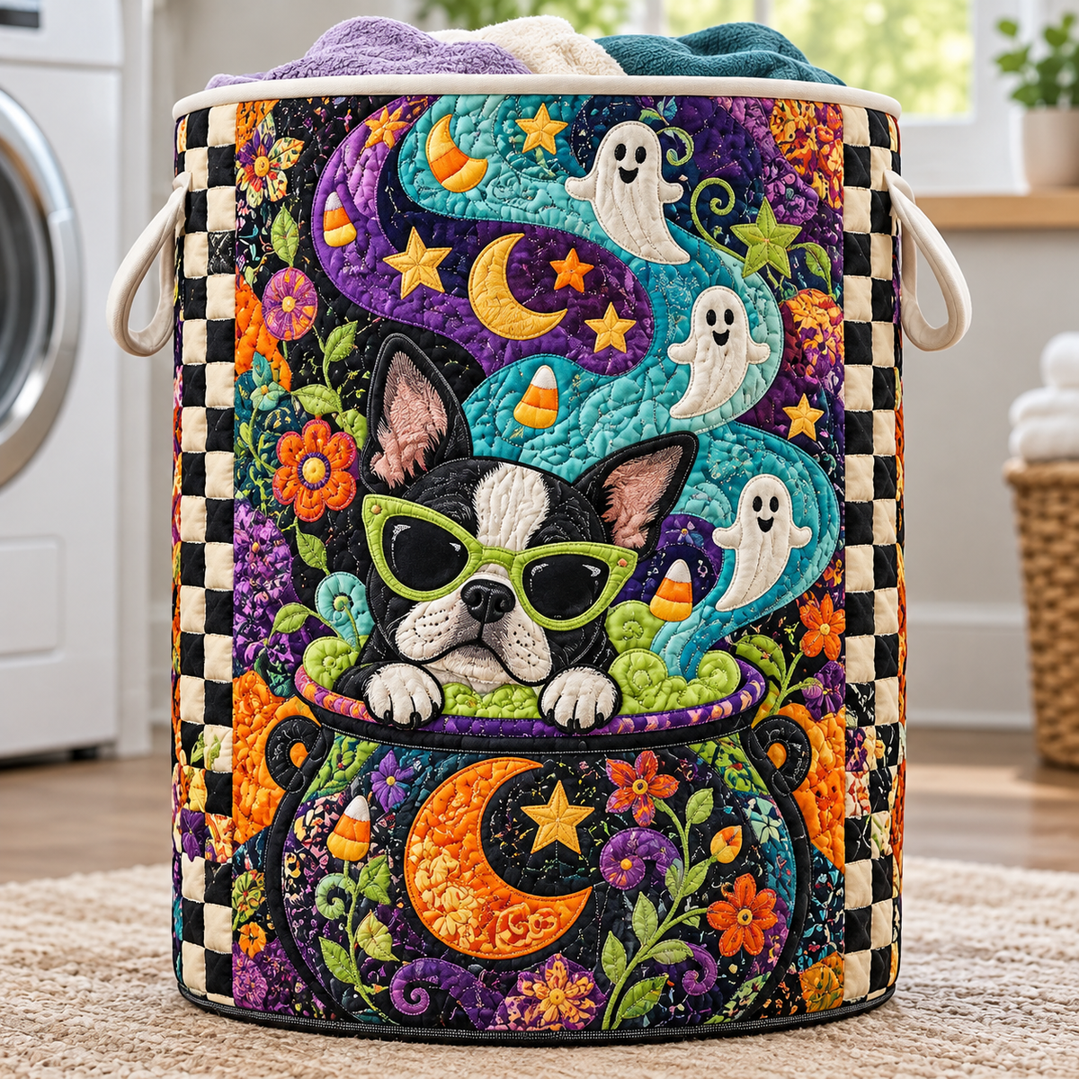 Quilted Laundry Basket – Puppy at the Neon Ghost Party