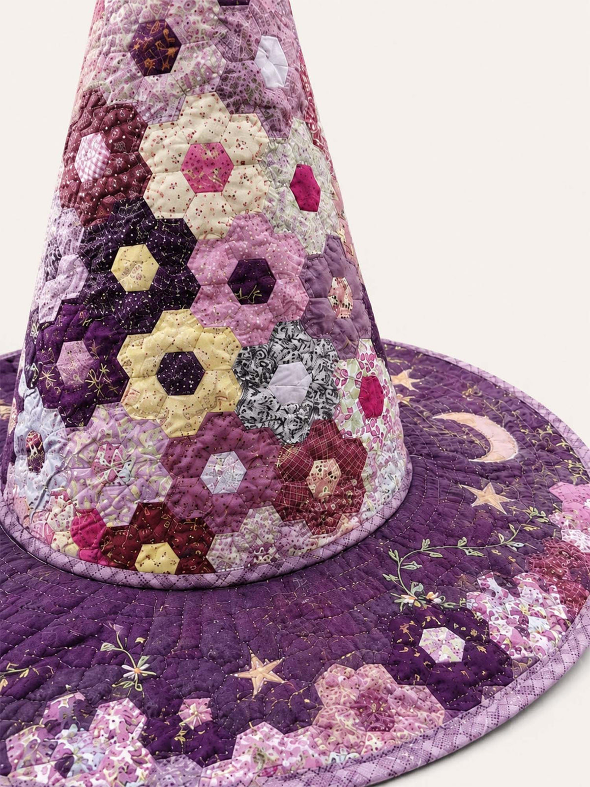 Handmade Quilted Witch Hat β Hexagon Patchwork with Star Motifs