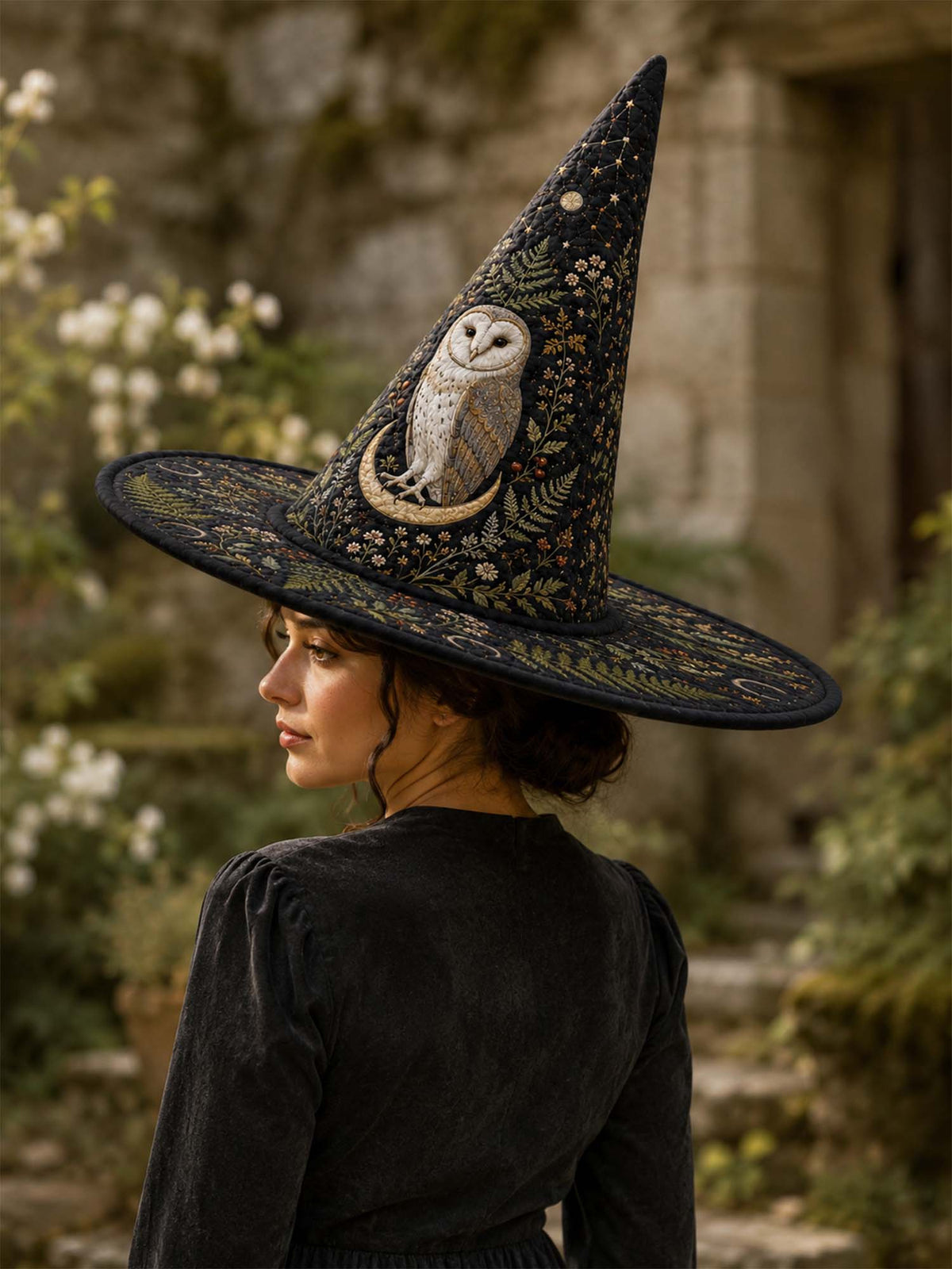 Handmade Quilted Witch Hat β Owl in the Dark Forest by Moonlight