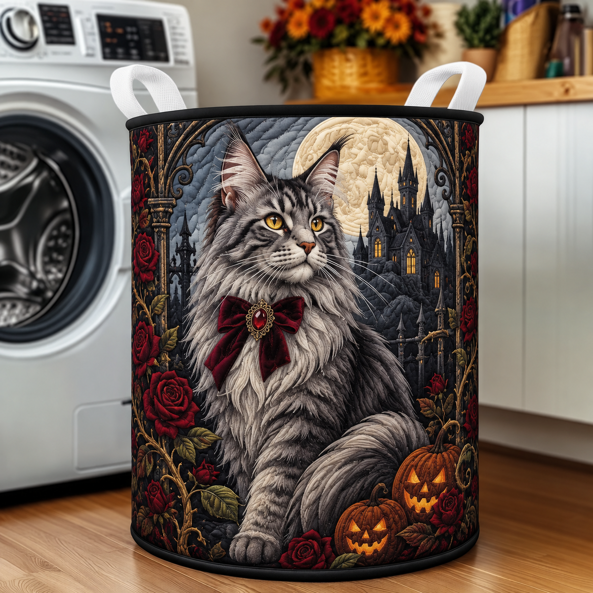 Quilted Laundry Basket – Grey Cat and Pumpkins in Dark Style