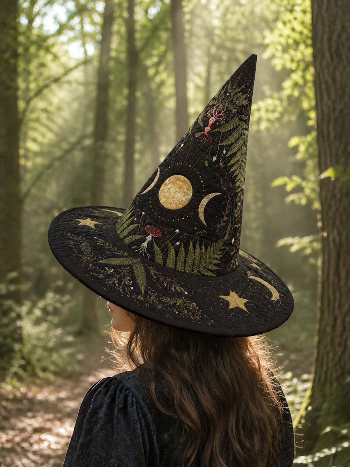 Handmade Quilted Witch Hat β Mushrooms in the Dark Enchanted Forest