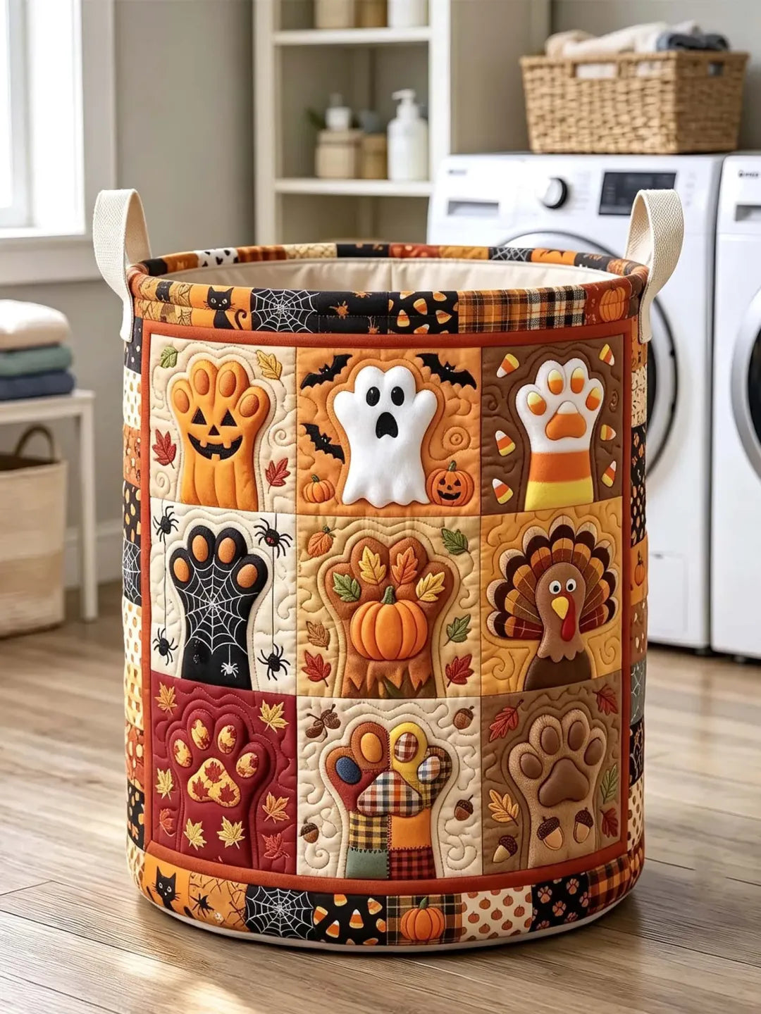 Quilted Laundry Basket – Halloween Pumpkins, Ghosts and Turkey Paws