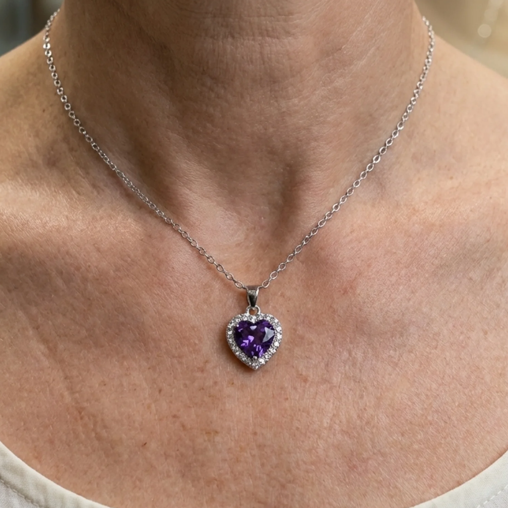 Amethyst Heart Necklace with Halo | White Gold