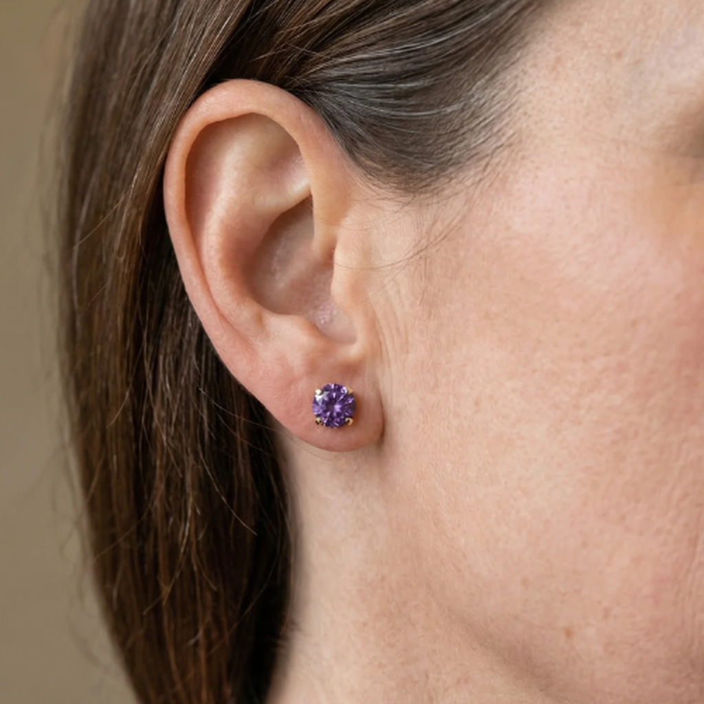 Round Amethyst Stud Earrings | White Gold