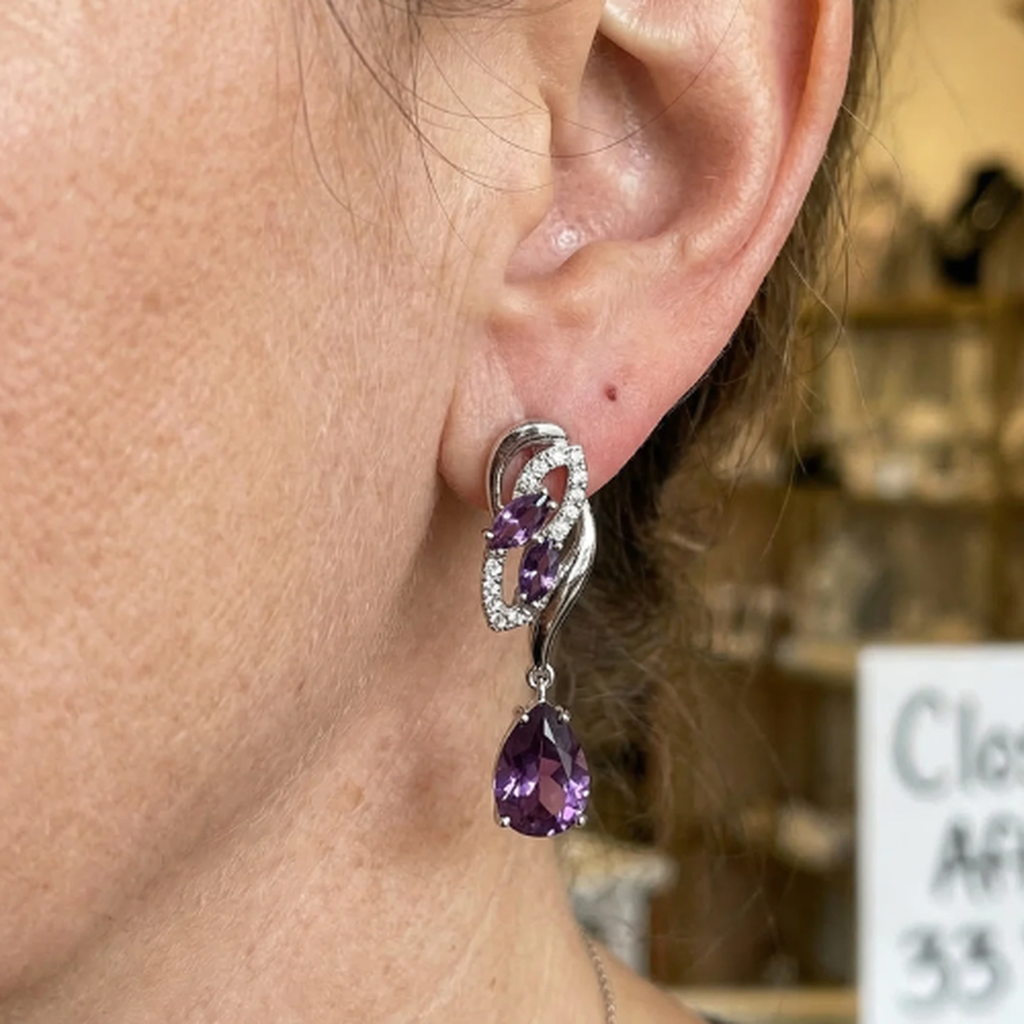 Amethyst Drop Earrings “Shimmer” | White Gold
