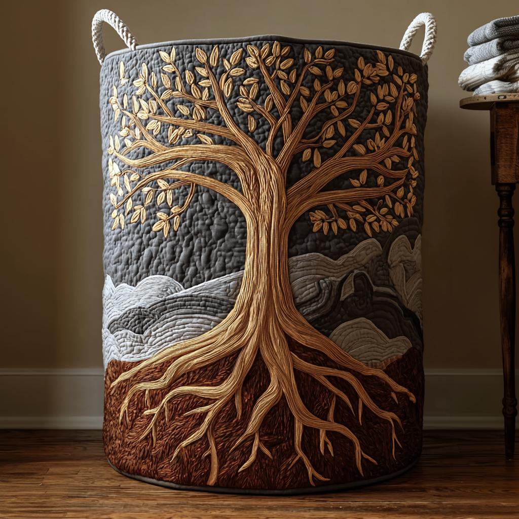 Embossed Quilted Laundry Basket with Nature Landscape