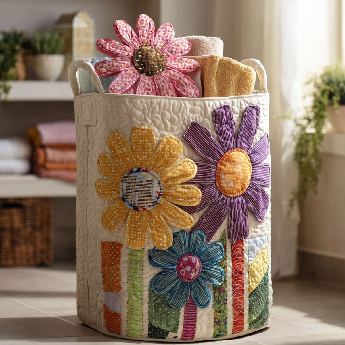 Quilted Laundry Basket with Vintage Flowers