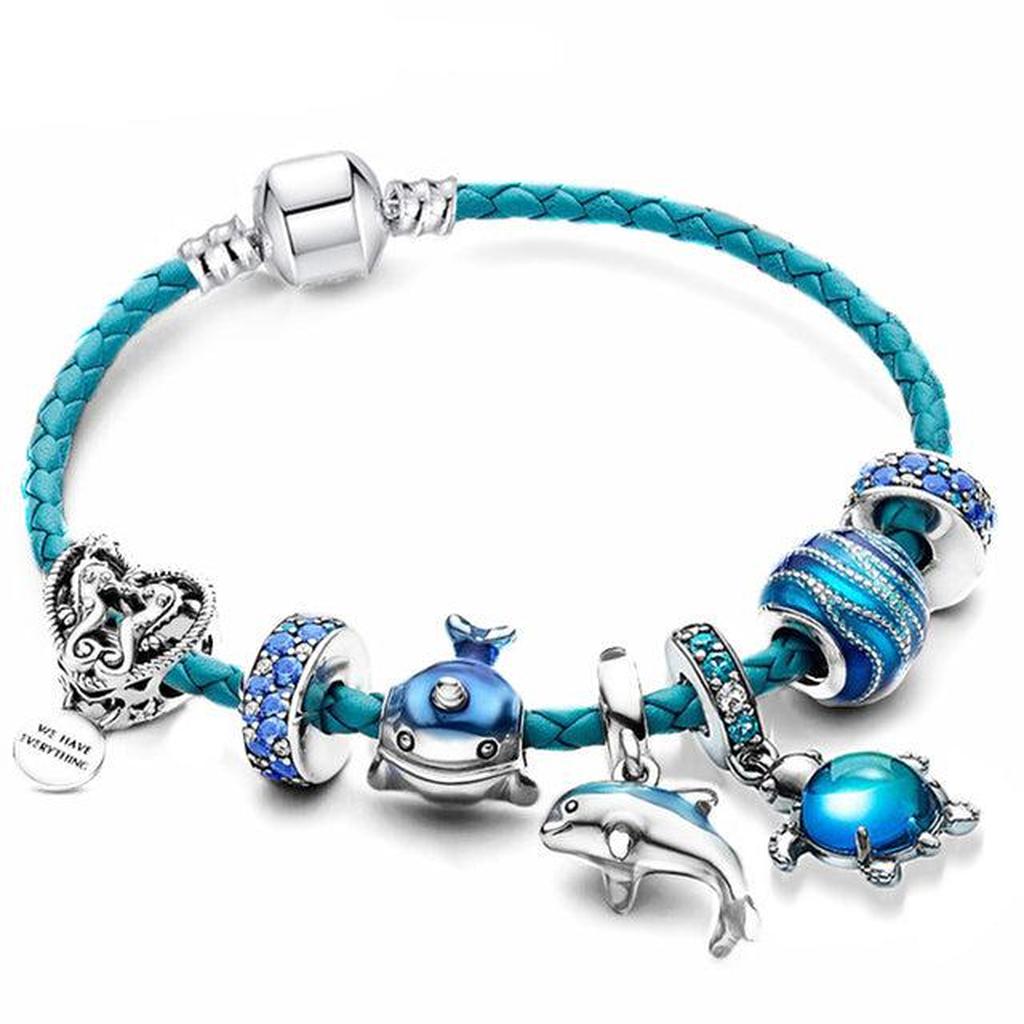 Bracelet “Ocean” with Pendants in Leather and White Gold