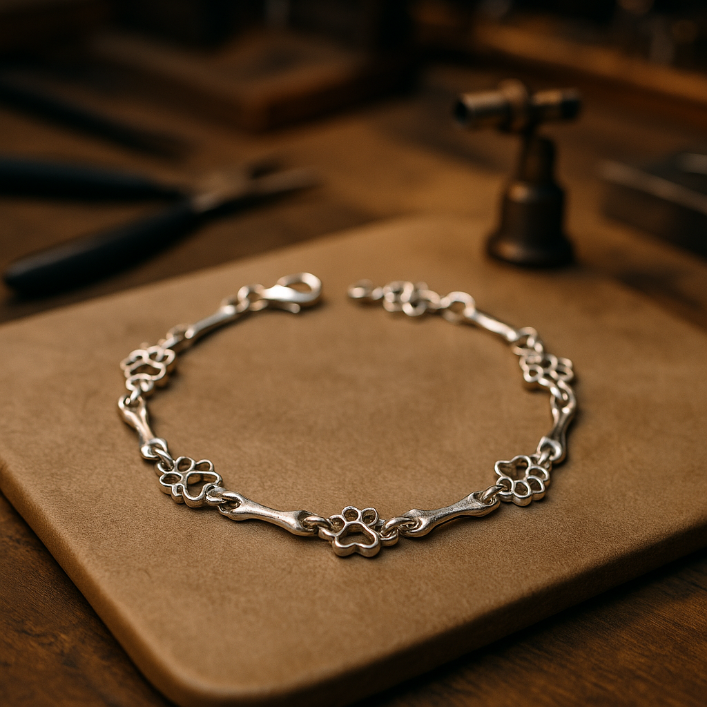 Bracelet with Dog Paw and Bone Pendants in White Gold