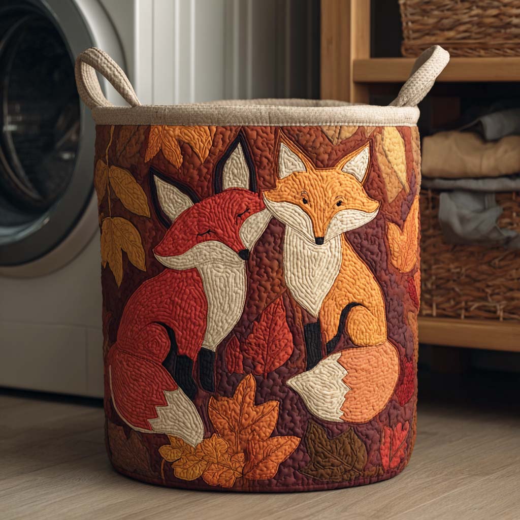 Quilted Laundry Basket with Autumn Leaves