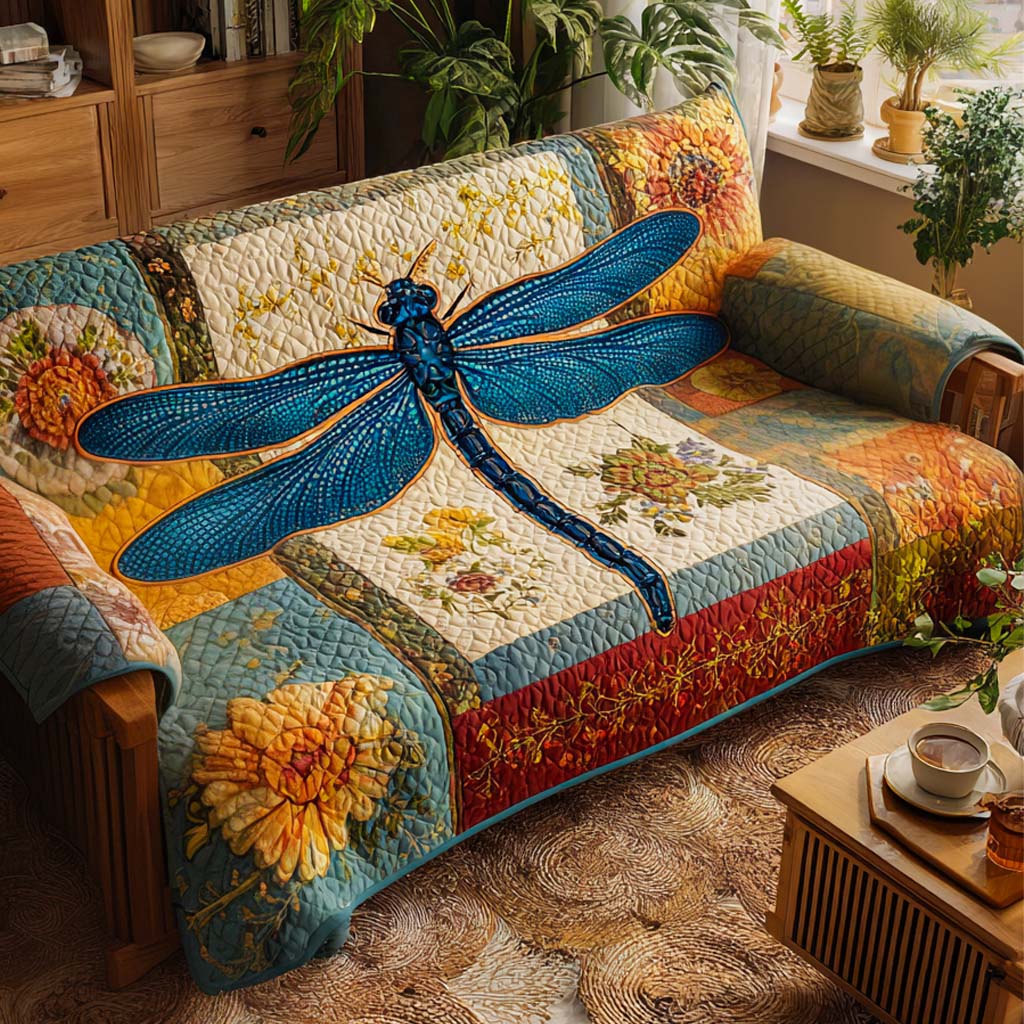 Quilted Sofa Cover with Dragonflies