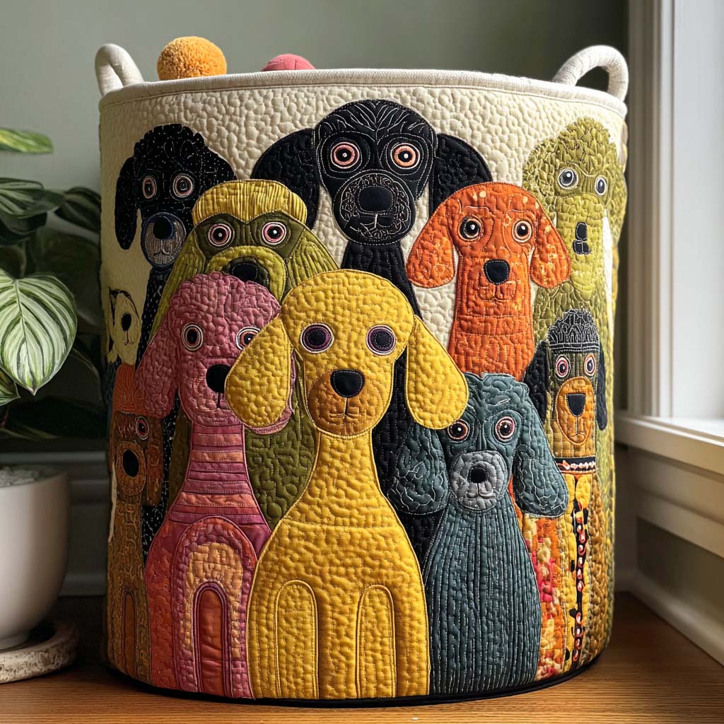 Quilted Laundry Basket with Curly-Haired Puppy