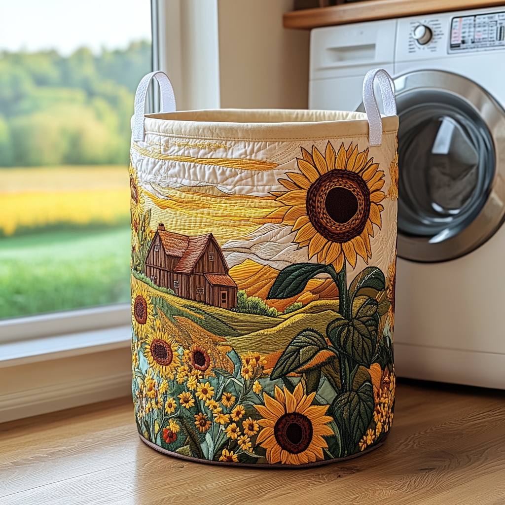 Quilted Laundry Basket with Barn and Blooming Meadow