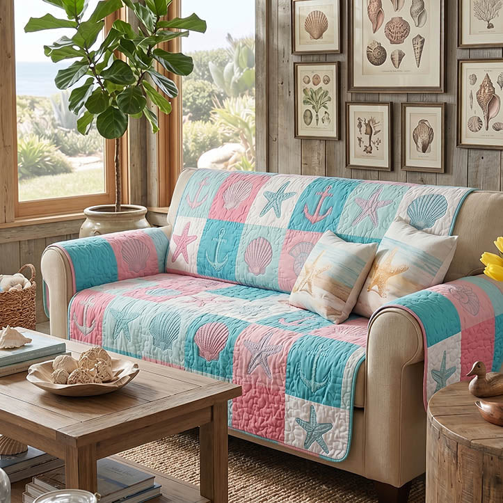 Quilted Sofa Cover with Beach Hut