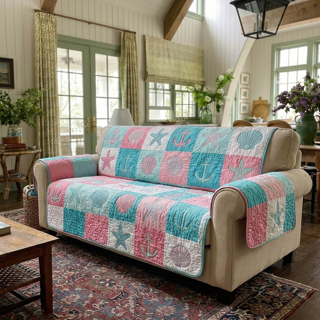 Quilted Sofa Cover with Beach Hut