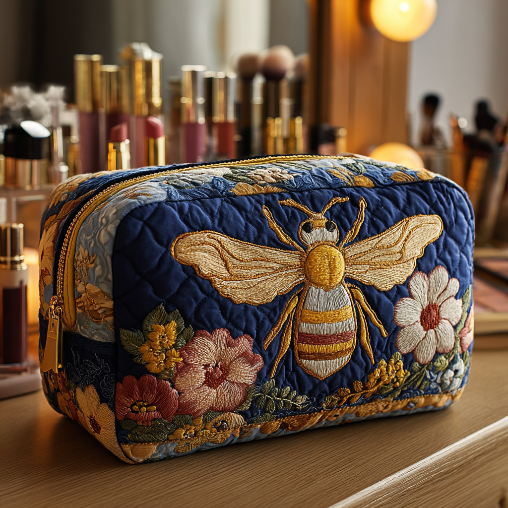 Quilted Makeup Bag with Bees and Flowers