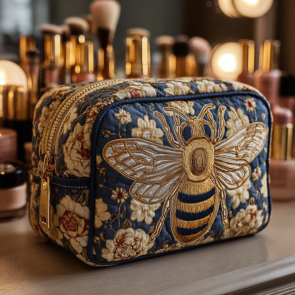 Quilted Makeup Bag with Bees and Flowers