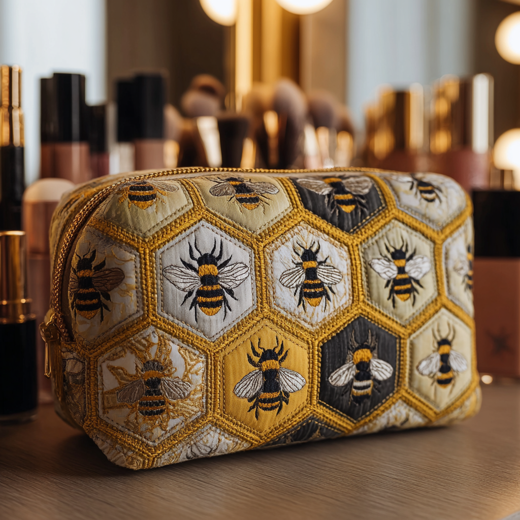 Quilted Makeup Bag with Bees in the Garden