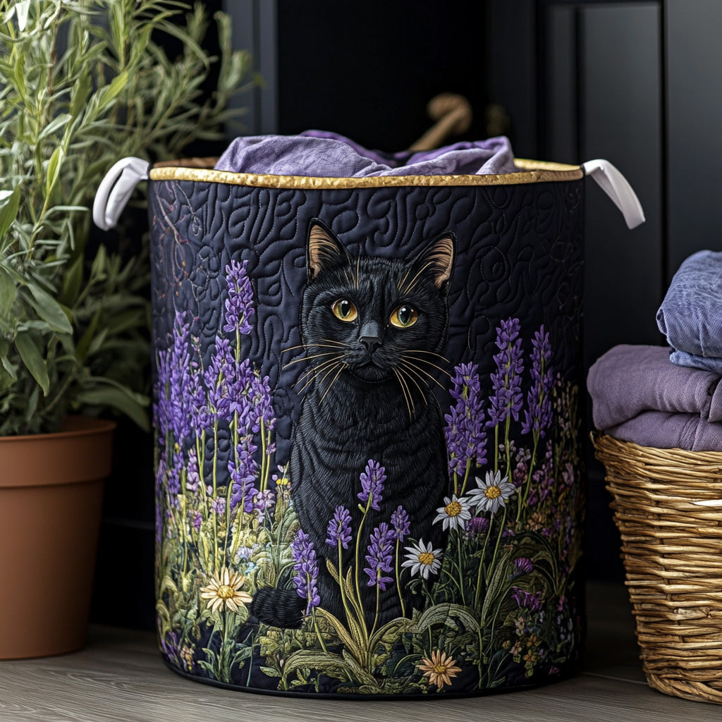 Quilted Laundry Basket with Black Cat