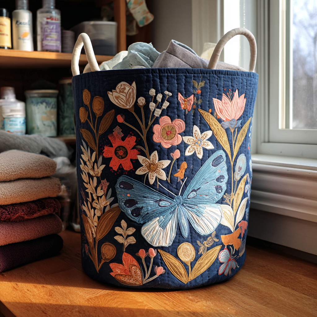 Quilted Laundry Basket with Floral Pattern