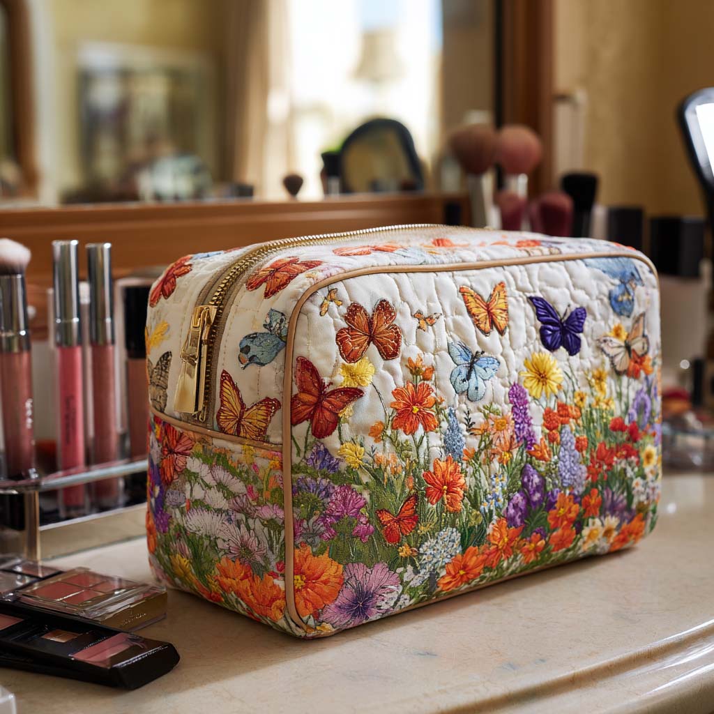 Quilted Makeup Bag with Flower Garden