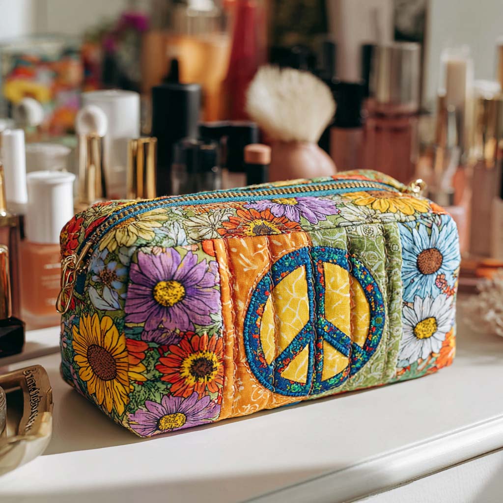 Quilted Makeup Bag with Floral Peace Bus