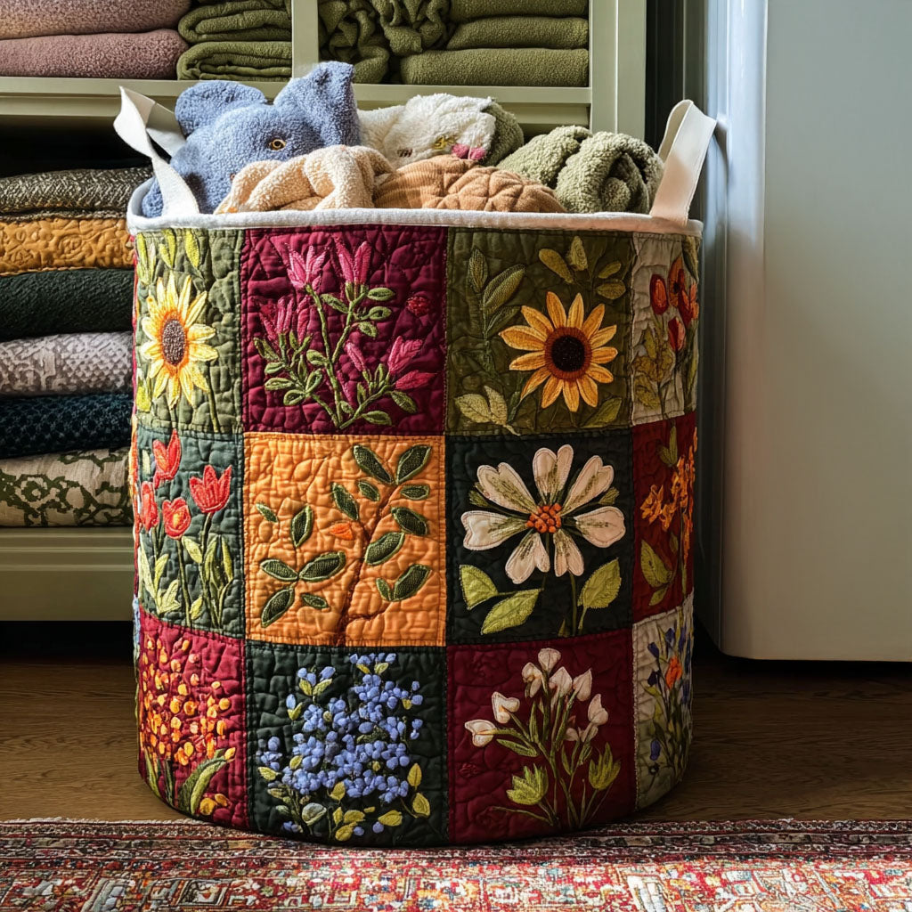 Quilted Laundry Basket with Delicate Flowers